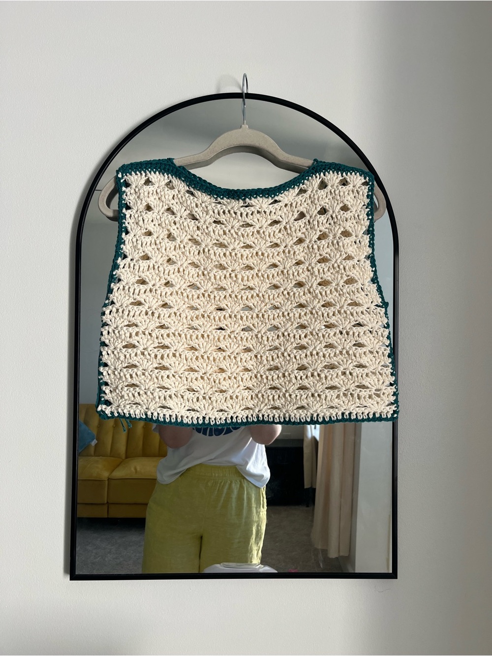 Handmade Crochet Tank Top in Cream with Teal Trim